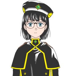 Rule 34 | 1girl, beret, black capelet, black hair, black jacket, blue eyes, capelet, closed mouth, commentary, continental magic association receptionist (sousou no frieren), dominomido, expressionless, eyelashes, flat color, gem, glasses, hat, highres, jacket, looking at viewer, loose hair strand, portrait, simple background, solo, sousou no frieren, straight-on, upper body, white background