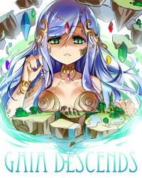 Rule 34 | 1girl, bare shoulders, blue hair, breasts, gaia (p&amp;d), green eyes, hair ornament, jewelry, long hair, lots of jewelry, puzzle &amp; dragons, reina (black spider), solo, upper body, water