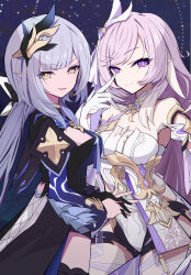 Rule 34 | 2girls, absurdres, bare shoulders, black shorts, blue hair, blue shirt, breasts, bridal garter, brooch, cape, closed mouth, clothing cutout, detached sleeves, elf, elysia (herrscher of human:ego) (honkai impact), elysia (honkai impact), gloves, hair between eyes, heart, heart brooch, herrscher of corruption, highres, honkai (series), honkai impact 3rd, jewelry, large breasts, looking at viewer, multiple girls, mutsu aya, open mouth, pink eyes, pink hair, pink pupils, pointy ears, shirt, short shorts, short sleeves, shorts, side cutout, smile, star (symbol), starry background, thighs, triquetra, white gloves, white shirt, white veil, yellow eyes, yellow pupils