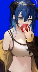 Rule 34 | 1girl, apple, arknights, bare shoulders, black jacket, blue background, blue eyes, blue hair, blue nails, breasts, cleavage, collarbone, eating, food, fruit, halo, highres, holding, holding food, holding fruit, horns, jacket, large breasts, lch, long hair, long sleeves, mostima (arknights), nail polish, navel, official alternate costume, open clothes, open jacket, simple background, solo, sports bra, stomach, upper body