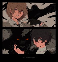 Rule 34 | 2boys, akechi gorou, amamiya ren, animal, animal on hand, bird, bird on hand, black bird, black border, black cat, black feathers, black gloves, black hair, border, brown eyes, brown hair, brown jacket, cat, closed mouth, collar, collared jacket, collared shirt, crow, feathers, glasses, gloves, grey eyes, ivxxx, jacket, long sleeves, looking at viewer, male focus, multiple boys, necktie, panther, persona, persona 5, red eyes, round eyewear, shirt, short hair, smile, striped clothes, striped neckwear, sweater, turtleneck, turtleneck sweater, upper body, vertical-striped clothes, vertical-striped necktie, white shirt