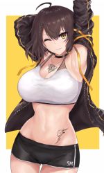 Rule 34 | 1girl, ;), ahoge, ana (vvvvor), armpits, arms up, azur lane, baltimore (azur lane), baltimore (black ace) (azur lane), black choker, black hair, black jacket, black shorts, braid, breasts, choker, cleavage, commentary request, cowboy shot, crop top, jacket, large breasts, long sleeves, looking at viewer, navel, one eye closed, open clothes, open jacket, short hair, short shorts, shorts, smile, solo, stomach, stretching, tattoo, two-tone background, yellow eyes