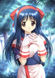 Rule 34 | 1girl, ainu clothes, alternate costume, black hair, blurry, bow, brown eyes, commentary request, depth of field, forest, gloves, hair bow, hairband, interlocked fingers, long hair, multicolored clothes, multicolored gloves, nakoruru, nature, red bow, samurai spirits, smile, solo, taki minashika, white gloves