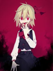 Rule 34 | 1girl, bad id, bad twitter id, blonde hair, darkness, fangs, licking finger, hair ribbon, higa423, highres, licking, long sleeves, looking at viewer, nail polish, open mouth, red background, red eyes, ribbon, rumia, short hair, skirt, skirt set, smile, solo, tongue, tongue out, touhou, vest
