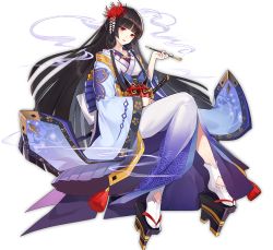 Rule 34 | 1girl, ark order, artist request, butterfly hair ornament, cloud print, floral print, flower, geta, gradient kimono, hair flower, hair ornament, hair ribbon, holding, holding smoking pipe, invisible chair, izanami (ark order), japanese clothes, katana, kimono, long hair, long sleeves, mask, nail polish, official art, oni mask, platform clogs, purple kimono, red nails, ribbon, sheath, sheathed, sitting, smoke, smoking pipe, snake tattoo, socks, solo, spider lily, sword, tabi, tachi-e, tassel, tattoo, transparent background, very long hair, weapon, white ribbon, white socks, wide sleeves