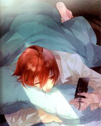 Rule 34 | 1boy, ahoge, barefoot, bed, bed sheet, brown eyes, cellphone, light, lips, male focus, phone, red hair, sleepy, solo, starry sky (game), tomoe you, waking up