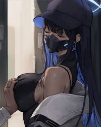Rule 34 | 1girl, 1other, bare shoulders, baseball cap, black hair, black headwear, black shirt, blue archive, breasts, chihunhentai, closed eyes, coat, commentary, commission, grabbing, grabbing another&#039;s breast, halo, hat, highres, large breasts, long hair, long sleeves, mask, mouth mask, off shoulder, open clothes, open coat, saori (blue archive), shirt, sleeveless, sleeveless shirt, solo focus, white coat