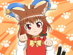 Rule 34 | 1girl, alternate hairstyle, animal ears, blue eyes, blush, bow, braid, cat ears, cat girl, cat tail, chen, earrings, female focus, fusion, hair ornament, hair rings, hair stick, jewelry, kaenbyou rin, kaku seiga, multicolored hair, multiple tails, paw pose, paw print, red eyes, red hair, shirosato, short hair, solo, tail, touhou, twin braids