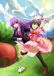 Rule 34 | 2girls, ^ ^, animal ears, arms up, brown hair, rabbit, rabbit ears, carrot, closed eyes, dress, closed eyes, female focus, happy, inaba tewi, jumping, long hair, multiple girls, outstretched arms, purple hair, red eyes, reisen udongein inaba, themed object, thighhighs, touhou, w rong