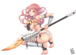 Rule 34 | 1girl, ankle wrap, anklet, armlet, ass, bad id, bad pixiv id, bandages, barefoot, bikini, breasts, feet, full body, green eyes, highres, huge breasts, jewelry, large breasts, legs, lips, long hair, lots of jewelry, original, pink hair, polearm, red hair, side-tie bikini bottom, sideboob, simple background, soles, solo, spear, squatting, swimsuit, thighhighs, thighs, thong, thong bikini, toeless legwear, toes, tribal, warrior, weapon, white background, zhean li