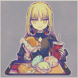 Rule 34 | 1girl, artoria pendragon (fate), black dress, blonde hair, braid, burger, cup, dress, drinking straw, eating, fate/hollow ataraxia, fate (series), food, food in mouth, food on face, french braid, french fries, outline, saber alter, shionty, sidelocks, solo, tray, upper body, yellow eyes