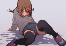 Rule 34 | 1girl, blush, brown eyes, brown hair, covered navel, fu-ta, hood, hoodie, oekaki, original, ponytail, school swimsuit, simple background, sitting, solo, sweat, swimsuit, swimsuit under clothes, thighhighs, usami taiga