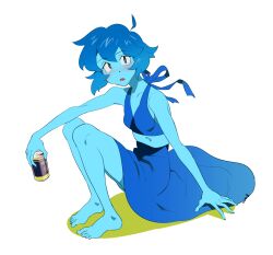 Rule 34 | 1girl, barefoot, blue eyes, blue hair, blue sarong, blue skin, blush, can, colored skin, commentary request, crop top, drunk, highres, holding, holding can, lapis lazuli (steven universe), looking at viewer, nano8, open mouth, sarong, short hair, signature, simple background, solo, steven universe, white background