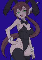 Rule 34 | 1girl, absurdres, aile (mega man zx), animal ears, black leotard, black thighhighs, blue background, blush, bow, bowtie, brown hair, buzzlyears, detached collar, fang, glowing, glowing eyes, green eyes, highres, leotard, long hair, mega man (series), mega man zx, mega man zx advent, playboy bunny, ponytail, rabbit ears, robot ears, simple background, smug, solo, thighhighs