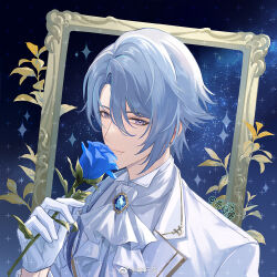 Rule 34 | 1boy, alternate costume, ascot, blue flower, blue gemstone, blue hair, blue rose, brooch, closed mouth, curtained hair, empty picture frame, flower, gem, genshin impact, gloves, hair between eyes, hair over shoulder, half gloves, holding, holding flower, jacket, jewelry, kamisato ayato, lapels, leaf, long hair, long sleeves, looking at viewer, low ponytail, male focus, mole, mole under mouth, notched lapels, picture frame, purple eyes, qixing dan, rose, shirt, sideways glance, sky, smelling flower, smile, solo, star (sky), starry sky, upper body, weibo logo, weibo watermark, white ascot, white gloves, white jacket, white shirt
