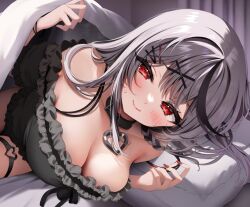 Rule 34 | 1girl, black choker, black hair, blush, breasts, choker, cleavage, closed mouth, commentary, fingernails, grey hair, hair ornament, hairpin, heart, heart choker, highres, hololive, large breasts, looking at viewer, lying, medium hair, multicolored hair, nail polish, namagome negi, on side, red eyes, red nails, sakamata chloe, smile, solo, streaked hair, symbol-only commentary, virtual youtuber, x hair ornament