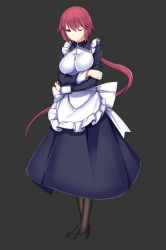 Rule 34 | 1girl, apron, black background, breasts, closed mouth, cross, cross necklace, crossed arms, daiaru, dress, feet, female focus, frilled apron, frills, full body, highres, jewelry, large breasts, legs, looking at viewer, low ponytail, necklace, one eye closed, original, pantyhose, ponytail, red eyes, red hair, senhime bad ending ii, shoes, simple background, solo, standing, thighs