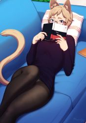 Rule 34 | 1girl, animal ear fluff, animal ears, black eyes, black pantyhose, blonde hair, book, cat ears, cat tail, commentary, couch, covering own mouth, english commentary, glasses, long sleeves, looking at viewer, lying, no pants, on back, open book, original, panties, panties under pantyhose, pantyhose, pantyshot, pillow, razalor, round eyewear, short hair, solo, sweater, tail, thick eyebrows, thighband pantyhose, underwear