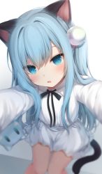 Rule 34 | 1girl, amashiro natsuki, animal ear fluff, animal ears, black ribbon, blue eyes, blue hair, blurry, blurry background, blush, cat ears, cat girl, cat tail, collared dress, commentary request, depth of field, dress, gradient background, grey background, hair between eyes, hair ornament, highres, holding, long hair, looking at viewer, neck ribbon, nekoha shizuku, one side up, original, parted lips, reaching, reaching towards viewer, ribbon, sitting, solo, stuffed animal, stuffed cat, stuffed toy, tail, very long hair, white background