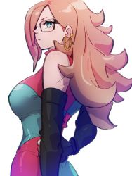 Rule 34 | 1girl, android 21, back, blue eyes, checkered clothes, checkered dress, dragon ball, dragon ball fighterz, dress, earrings, from behind, glasses, hoop earrings, jewelry, kemachiku, long hair, red hair, simple background, solo, white background