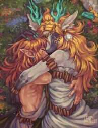 Rule 34 | alternate form, amputee, archaic set (zelda), blonde hair, claws, closed eyes, dragon girl, dragon horns, dragon tail, dress, earrings, flower, furry, furry female, furry with non-furry, grass, highres, horns, hug, interspecies, jewelry, light dragon (zelda), link, nintendo, pointy ears, princess zelda, redundantz, spines, tail, the legend of zelda, the legend of zelda: tears of the kingdom, very long tail