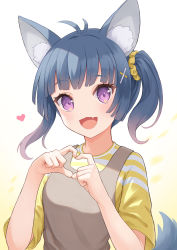 Rule 34 | 1girl, :d, animal ear fluff, animal ears, antenna hair, blouse, blue hair, commentary, dress, fang, fox ears, fox girl, fox tail, gradient background, grey dress, hair ornament, hair scrunchie, hairclip, hands up, heart, heart hands, highres, open mouth, oridays, original, purple eyes, scrunchie, shirt, short sleeves, side ponytail, sidelocks, sleeveless, sleeveless dress, smile, solo, striped clothes, striped shirt, symbol-only commentary, tail, white background, yellow background, yellow scrunchie, yellow shirt