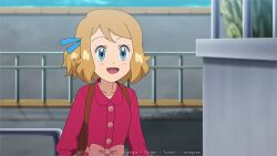 Rule 34 | 1girl, :d, backpack, bag, blonde hair, blue eyes, blue ribbon, blush, bow, brown bag, buttons, collared dress, creatures (company), day, dress, eyelashes, game freak, hair ribbon, happy, mixed-language commentary, nintendo, noelia ponce, open mouth, outdoors, pink bow, pink dress, pokemon, pokemon (anime), pokemon xy (anime), ribbon, serena (pokemon), short hair, smile, solo, tongue, watermark