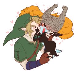 Rule 34 | 1boy, 1girl, belt buckle, blonde hair, blush, brown gloves, buckle, closed eyes, colored skin, commentary request, couple, cropped torso, fingerless gloves, gloves, glowing tattoo, green headwear, green tunic, hand on another&#039;s face, heart, helmet, kiss, kissing cheek, link, midna, multicolored skin, nintendo, one eye covered, open mouth, orange hair, pointy ears, ponytail, prehensile hair, red eyes, short sleeves, shoulder belt, simple background, tattoo, teeth, the legend of zelda, the legend of zelda: twilight princess, tnp, two-tone skin, upper body, upper teeth only, white background