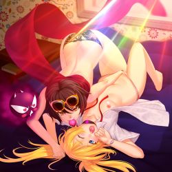 Rule 34 | 2girls, alternate color, black panties, blonde hair, blue eyes, blush, breasts, brown hair, creatures (company), eyewear on head, fangs, female focus, fingering, game freak, gastly, gen 1 pokemon, hand in panties, holding hands, light rays, long hair, lucknight, mouth hold, multiple girls, nintendo, nipples, no pants, one eye closed, open clothes, open mouth, open shirt, original, panties, panties only, pokemon, pokemon (creature), red panties, scarf, shiny skin, shirt, short hair, small breasts, sunbeam, sunglasses, sunlight, topless, underwear, underwear only, vampire, wink, yellow eyes, yuri