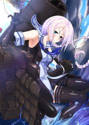 Rule 34 | 10s, 1girl, bare shoulders, black gloves, black skirt, black thighhighs, blue eyes, blue neckerchief, braid, cannon, cloud, collared shirt, day, elbow gloves, gloves, hair tie, highres, kantai collection, loafers, long hair, machinery, mole, mole under eye, neckerchief, ocean, parted bangs, pleated skirt, rasen (camura), school uniform, serafuku, shirt, shoes, single braid, skirt, sleeveless, sleeveless shirt, smile, smokestack, solo, sunlight, thighhighs, torpedo, turret, umikaze (kancolle), very long hair, water, white hair