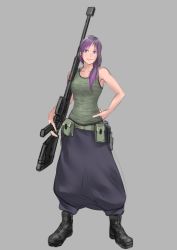 Rule 34 | 1girl, ankle boots, anti-materiel rifle, bare arms, bare shoulders, belt, belt pouch, black footwear, blouse, blue eyes, boots, closed mouth, full body, gradient hair, green shirt, grey background, grey pants, gun, hair over shoulder, hand on own hip, highres, holding, holding gun, holding weapon, kilye kairi, looking at viewer, multicolored hair, original, pants, pants tucked in, pouch, puffy pants, purple hair, rifle, shirt, simple background, sleeveless, sleeveless shirt, smile, sniper rifle, solo, standing, weapon