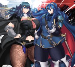 Rule 34 | 2girls, absurdres, armor, blue dress, blue eyes, blue hair, boots, bracer, breasts, byleth (female) (fire emblem), byleth (fire emblem), cape, cleavage, closed mouth, clothing cutout, cowboy shot, dress, fingerless gloves, fire emblem, fire emblem: three houses, gloves, green hair, hair between eyes, hand on own hip, highres, kyelyn, large breasts, long hair, long sleeves, lucina (fire emblem), matching hair/eyes, multiple girls, navel, navel cutout, nintendo, pantyhose, pantyhose under shorts, serious, shorts, shoulder armor, sword, thick thighs, thigh boots, thighhighs, thighs, tiara, weapon