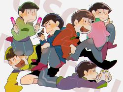 Rule 34 | 10s, 6+boys, :3, :d, bowl cut, brothers, cat, copyright name, glowstick, heart, heart in mouth, hood, hoodie, kneeling, legs up, looking at viewer, looking to the side, lying, male focus, matsuno choromatsu, matsuno ichimatsu, matsuno jyushimatsu, matsuno karamatsu, matsuno osomatsu, matsuno todomatsu, messy hair, multiple boys, on stomach, open mouth, osomatsu-kun, osomatsu-san, pants, sextuplets, shorts, siblings, smile, sunglasses, tabun (osoracu), v