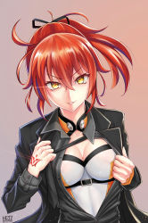 Rule 34 | 1girl, artist name, bad id, bad pixiv id, black jacket, black necktie, black ribbon, black shirt, blouse, breasts, buckle, chaldea combat uniform, cleavage, cleavage cutout, clothing cutout, collared shirt, command spell, fate/grand order, fate (series), fujimaru ritsuka (female), fujimaru ritsuka (female) (chaldea combat uniform), fujimaru ritsuka (female) (royal brand), glowing, glowing eye, gradient background, hair between eyes, hair ribbon, hand tattoo, highres, jacket, lips, long hair, long sleeves, looking at viewer, medium breasts, necktie, official alternate costume, open clothes, open jacket, open shirt, orange hair, parted lips, pink background, ponytail, ribbon, shaded face, shirt, solo, sunday se7en, tattoo, tsurime, unbuttoned, unbuttoned shirt, underbust, undone necktie, undressing, upper body, v-shaped eyebrows, wing collar, yellow eyes