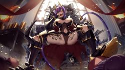 Rule 34 | 1girl, armor, bone, breasts, clothing cutout, cluseller, commentary, demon tail, english commentary, fangs, food-themed hair ornament, hair ornament, highres, horns, indie virtual youtuber, large breasts, leotard, looking at viewer, navel, navel cutout, oni, oni horns, onigiri (vtuber) (3rd costume), onigiri (vtuber), onigiri hair ornament, open mouth, pointy ears, purple hair, second-party source, sitting, slit pupils, solo, table, tail, teeth, tongue, virtual youtuber, yellow eyes