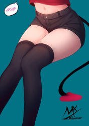 Rule 34 | 1girl, artist name, black-haired demon girl (shimmer), black shorts, black thighhighs, blue background, crop top, demon tail, feet out of frame, highres, midriff, navel, original, red shirt, shimmer, shirt, short shorts, shorts, simple background, sitting, solo, spoken blush, tail, thighhighs