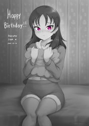 Rule 34 | 1girl, blush, character name, closed mouth, collarbone, dated, greyscale, happy birthday, highres, holding, holding pillow, indoors, kazuno leah, long hair, long sleeves, looking at viewer, love live!, love live! sunshine!!, monochrome, navel, pillow, pink eyes, shorts, sitting, solo, unsfrau