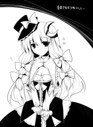 Rule 34 | 1girl, ai takurou, alternate costume, bow, breasts, crescent, crescent hair ornament, dress, female focus, greyscale, hair bow, hair ornament, hat, hat ribbon, long hair, mini hat, mini top hat, monochrome, patchouli knowledge, ribbon, solo, star (symbol), top hat, touhou, translation request, white background