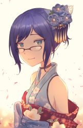 Rule 34 | 1girl, a-chan (hololive), alternate costume, alternate hairstyle, ark ford, artist name, blue eyes, breasts, choker, day, falling petals, flat chest, floral print, from side, glasses, hair ornament, hair up, highres, hololive, japanese clothes, kanzashi, kimono, light smile, looking at viewer, off shoulder, petals, sidelocks, sketch, sleeveless, sleeveless kimono, small breasts, solo, upper body, virtual youtuber