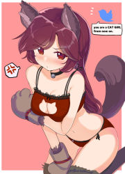 Rule 34 | 1girl, anger vein, animal ears, animal hands, bell, black choker, blush, bra, breasts, brown gloves, brown hair, cat cutout, choker, cleavage, clothing cutout, gloves, highres, imaizumi kagerou, jingle bell, large breasts, long hair, meme, navel, panties, parted lips, paw gloves, puuakachan, red bra, red eyes, red panties, solo, spoken anger vein, tail, touhou, twitter, underwear, wolf ears, wolf tail