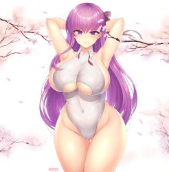 Rule 34 | 1girl, absurdres, arm behind head, arm up, armpits, artist name, bad id, bad pixiv id, bare shoulders, bb (fate), bb (fate/extra), blush, branch, breasts, cherry blossoms, closed mouth, clothing cutout, collarbone, commentary request, covered erect nipples, cowboy shot, curvy, day, fate/extra, fate/extra ccc, fate (series), gluteal fold, groin, hair between eyes, hair ribbon, highleg, highleg leotard, highres, huge breasts, large breasts, leotard, long hair, looking at viewer, momoriko, one side up, outdoors, petals, purple eyes, purple hair, red ribbon, ribbon, shiny clothes, shiny skin, sidelocks, skindentation, sleeveless, smile, solo, standing, thighs, tree, twitter username, underboob, underboob cutout, v-shaped eyebrows, very long hair, white leotard, wide hips, wing collar