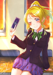 Rule 34 | 1girl, absurdres, artist request, ayase eli, blonde hair, blue cardigan, blue eyes, blue jacket, blue skirt, blush, bow, bowtie, breasts, card, cardigan, checkered clothes, checkered skirt, collared shirt, female focus, green bow, hair between eyes, hair ornament, hair scrunchie, highres, holding, holding card, indoors, jacket, long hair, long sleeves, looking at viewer, love live!, love live! school idol project, medium breasts, one eye closed, otonokizaka school uniform, parted lips, pleated skirt, ponytail, school uniform, scrunchie, shirt, short sleeves, sitting, sitting on table, skirt, smile, solo, souneko 123, striped, striped bow, sunset, table, white scrunchie, white shirt, window