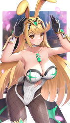 Rule 34 | 1girl, animal ears, bare shoulders, black pantyhose, blonde hair, blush, bodysuit, breasts, brown pantyhose, chest jewel, choker, cleavage, closed mouth, clothing cutout, collarbone, covered navel, earrings, fishnet pantyhose, fishnets, gloves, gonzarez, hair ornament, hands up, highres, jewelry, large breasts, leotard, long hair, looking at viewer, mythra (massive melee) (xenoblade), mythra (radiant beach) (xenoblade), mythra (xenoblade), nintendo, pantyhose, playboy bunny, rabbit ears, rabbit pose, rabbit tail, solo, super smash bros., tail, tiara, white choker, white leotard, xenoblade chronicles (series), xenoblade chronicles 2, yellow eyes