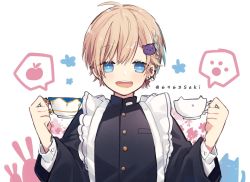 Rule 34 | 1boy, ahoge, apple, apron, blonde hair, blue eyes, blush, braid, cat, cat hair ornament, commentary request, cup, earrings, food, frilled apron, frills, fruit, gakuran, hair ornament, highres, holding, holding cup, jewelry, long sleeves, looking at viewer, maid, male focus, multiple earrings, oosaka rei, original, paw print, rabbit, school uniform, short hair, side braid, simple background, smile, solo, swept bangs, teacup, twitter username, upper body, white background