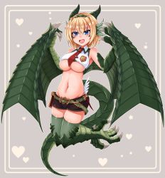 Rule 34 | 1girl, absurdres, bare shoulders, belt, breasts, dragon girl, dragon wings, gift art, highres, large breasts, monster girl, monster girl encyclopedia, navel, necktie, red necktie, scales, second-party source, short shorts, shorts, solo, sora (sunday sky), thighhighs, underboob, wing collar, winged arms, wings, wyvern (monster girl encyclopedia)