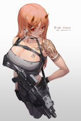 Rule 34 | 1girl, ar-15, arm tattoo, artist name, black choker, black gloves, black pants, breast tattoo, breasts, choker, cigarette, cleavage, collarbone, from above, gloves, gun, hand on own hip, highres, holding, holding weapon, horns, large breasts, long hair, looking at viewer, orange hair, original, pants, red eyes, rifle, shirt, smoking, solo, somnuss, standing, tank top, tattoo, weapon, white background, white shirt