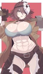 Rule 34 | 1girl, :o, abs, ahoge, axe, bishoujo terror, blue eyes, breasts, brown choker, brown gloves, brown hair, brown jacket, choker, friday the 13th, genderswap, genderswap (mtf), gloves, highres, hockey mask, jacket, jason voorhees, large breasts, looking at viewer, mask, mask over one eye, medium hair, muscular, muscular female, pinky out, revealing clothes, scratches, yoshiikirablr