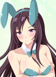 Rule 34 | 1girl, animal ears, bare shoulders, blue bow, blue bowtie, blue hairband, blue leotard, blush, bow, bowtie, breasts, brown hair, cleavage, closed mouth, commentary request, crossed arms, detached collar, ear covers, gurukorian, hair ornament, hairband, hairclip, highres, horse ears, horse girl, leotard, long hair, looking at viewer, medium breasts, mejiro dober (umamusume), nontraditional playboy bunny, simple background, solo, strapless, strapless leotard, umamusume, upper body, white background