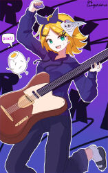 Rule 34 | 1girl, :d, absurdres, ankle socks, arm above head, black footwear, blonde hair, bow, character request, flipped hair, green eyes, guitar, hair bow, hair ornament, hairclip, hardboiled egg, headband, highres, holding, holding guitar, holding instrument, hood, hood down, hoodie, instrument, instrument request, kagamine rin, long sleeves, open mouth, paper, paper on head, personification, purple background, purple hair, purple hoodie, roki (vocaloid), smile, socks, solo, speech bubble, star (symbol), star hair ornament, sweat, target, teeth, umuloctober, upper teeth only, vocaloid, white socks