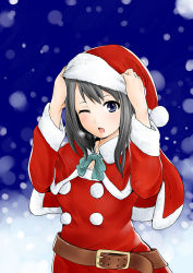 Rule 34 | 1girl, belt, black hair, blush, hat, joyfulman, one eye closed, santa costume, santa hat, snowing, solo, tsukushi-biyori